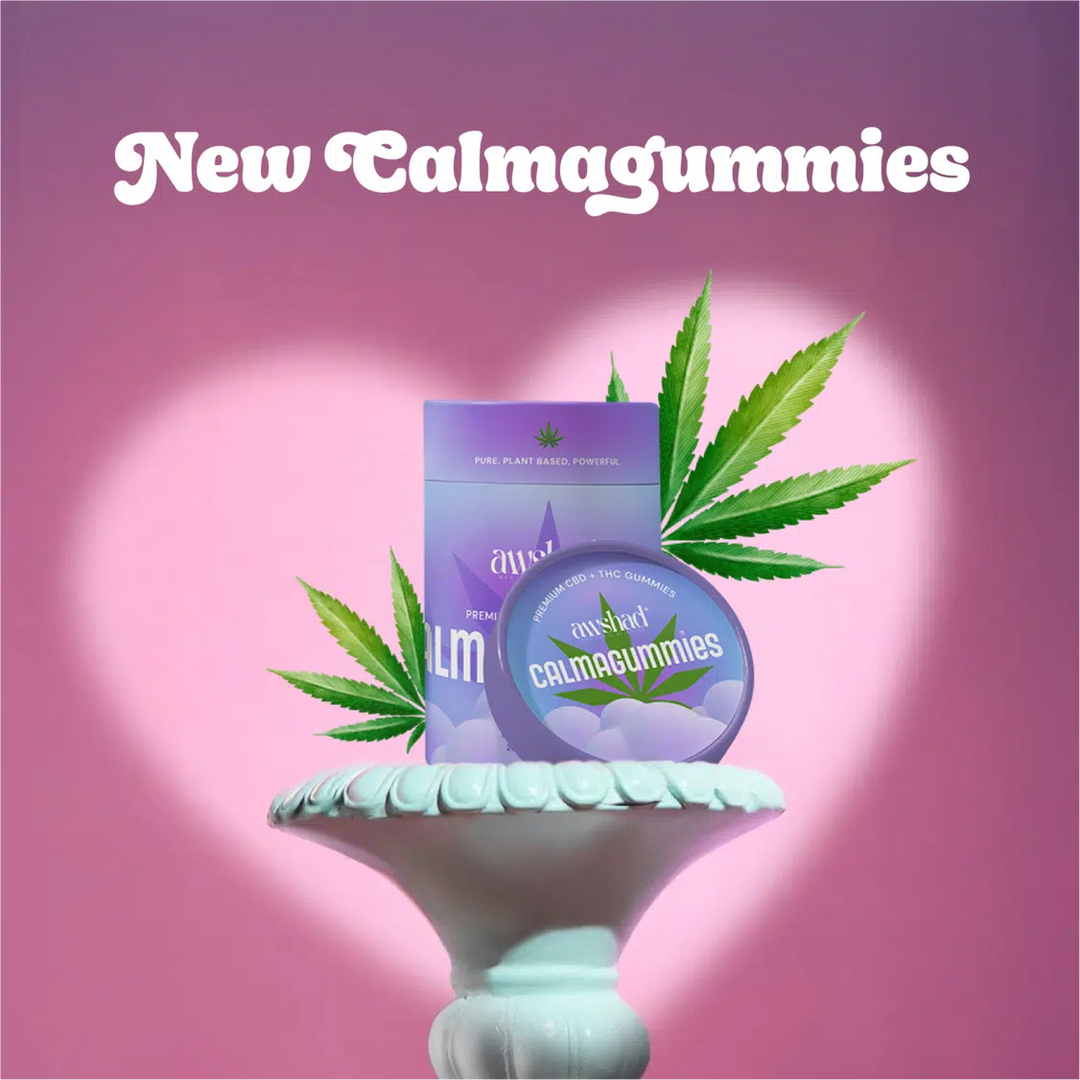 CalmaGummies bottle with CBD and THC-infused gummies for stress relief