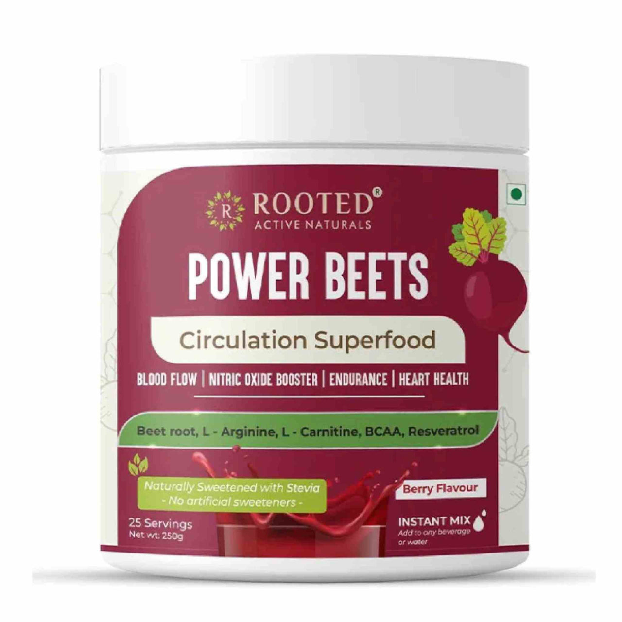 Rooted Actives Power Beets ( 250 g) - Organic Beet root powder with L arginine, L Carnitine, BCAA, Reservatrol & Stevia | Heart, Endurance, Nitric oxide booster