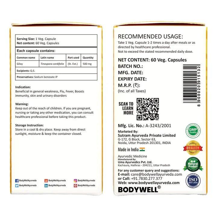 Bodywell Ayurveda - Giloy Pure Extract Capsule | Antioxidant Properties | Boosts Immunity | Improves Digestion| 500mgImmunity booster capsuleBODYWELL Giloy Pure Extract Capsule | Antioxidant Properties