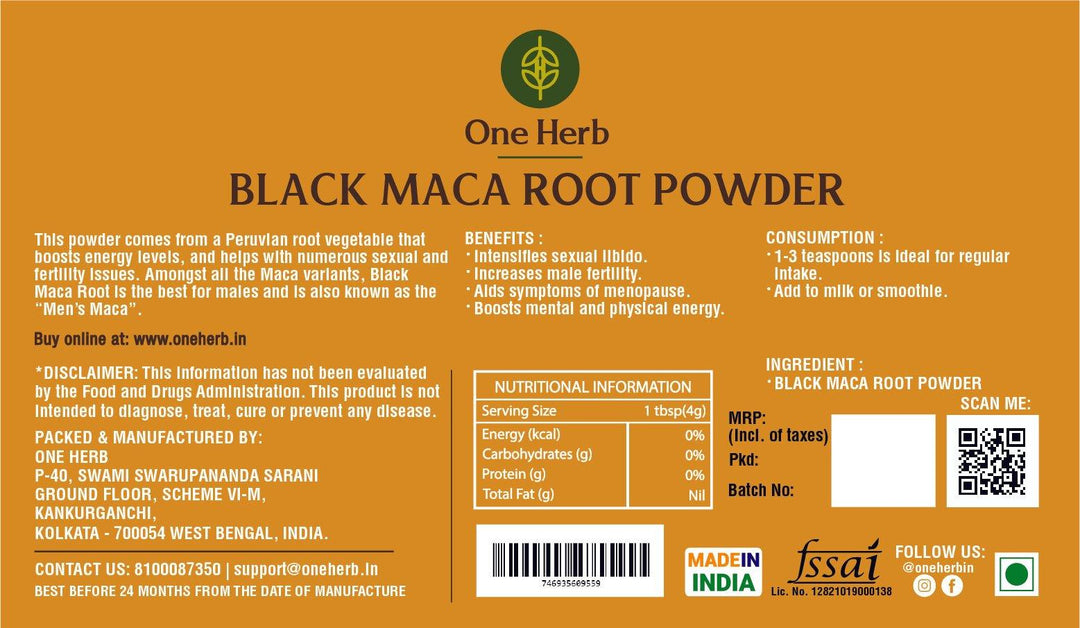 One Herb - Black Maca Root Powder 50 gmMaca Root PowderBlack Maca Powder Benefits - Energy & Fertility | Essential Nutrients