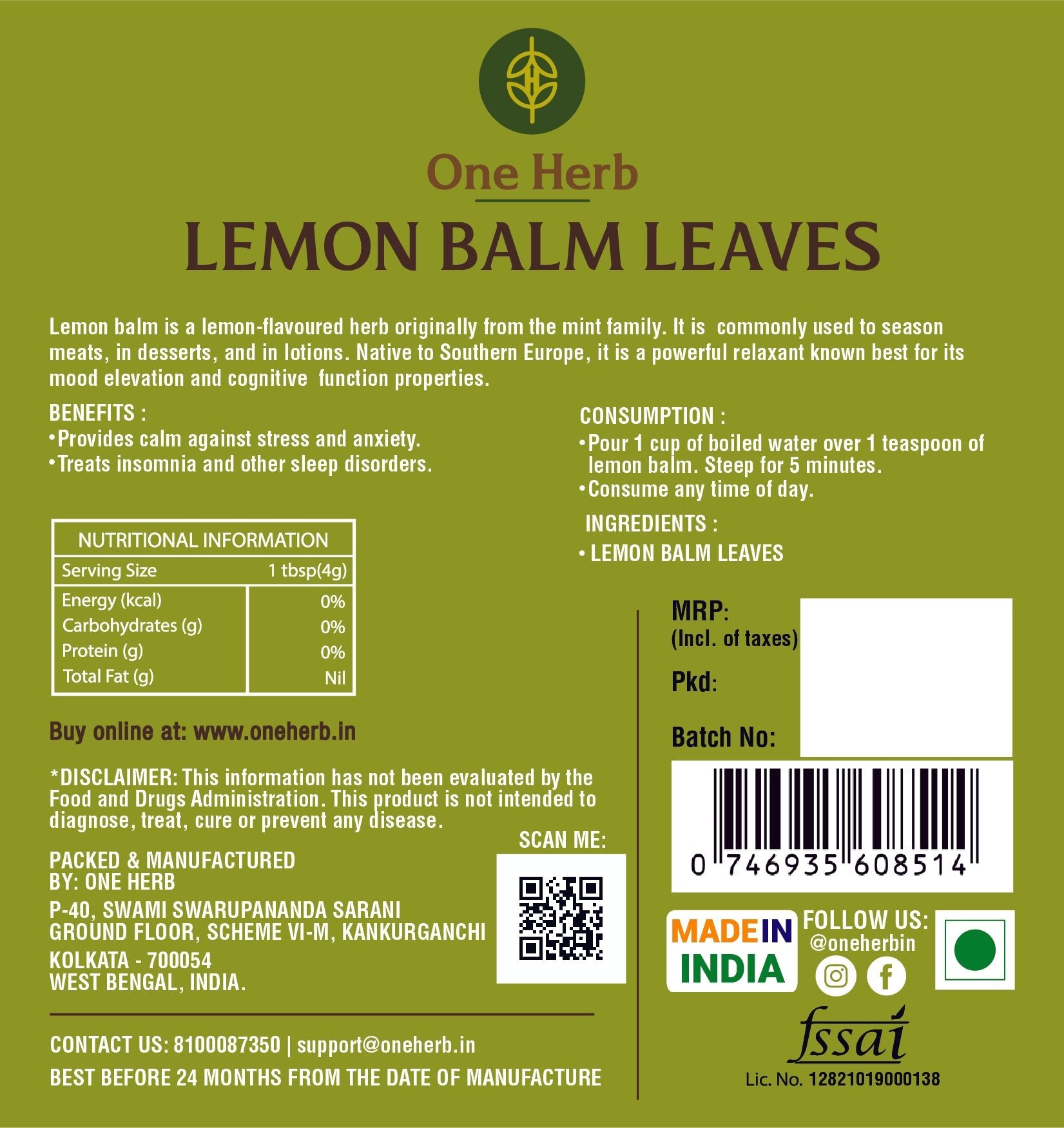 One Herb - Lemon Balm Leaves - CBD Store India