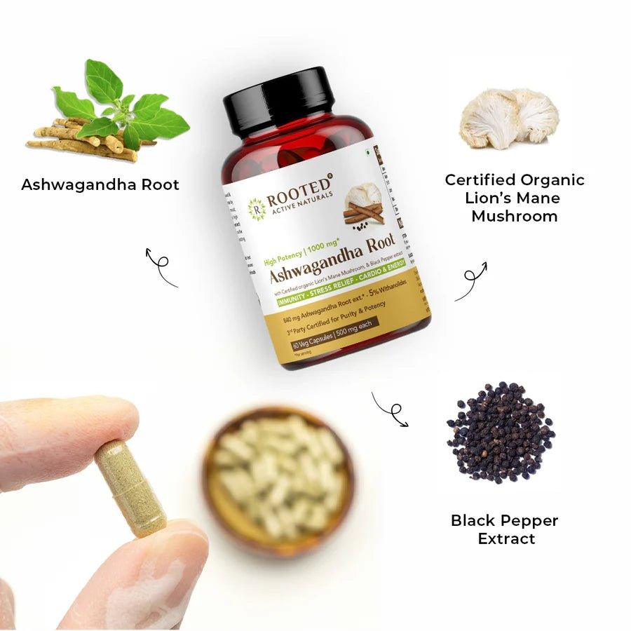 Rooted Actives Ashwagandha extract (5% Withanolides 60 Caps, 500 mg) with Lions Mane & Black pepper extract | Stress Relief,Cardio & Energy,Immunity,Brain HealthAshwagandha CapsuleRooted Actives Ashwagandha Extract - Stress Relief Supplement