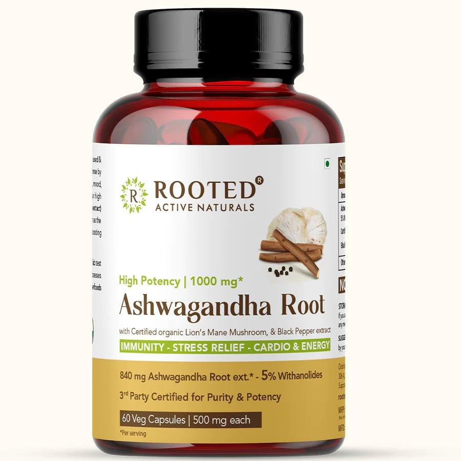 Rooted Actives Ashwagandha extract (5% Withanolides 60 Caps, 500 mg) with Lions Mane & Black pepper extract | Stress Relief,Cardio & Energy,Immunity,Brain HealthAshwagandha CapsuleRooted Actives Ashwagandha Extract - Stress Relief Supplement
