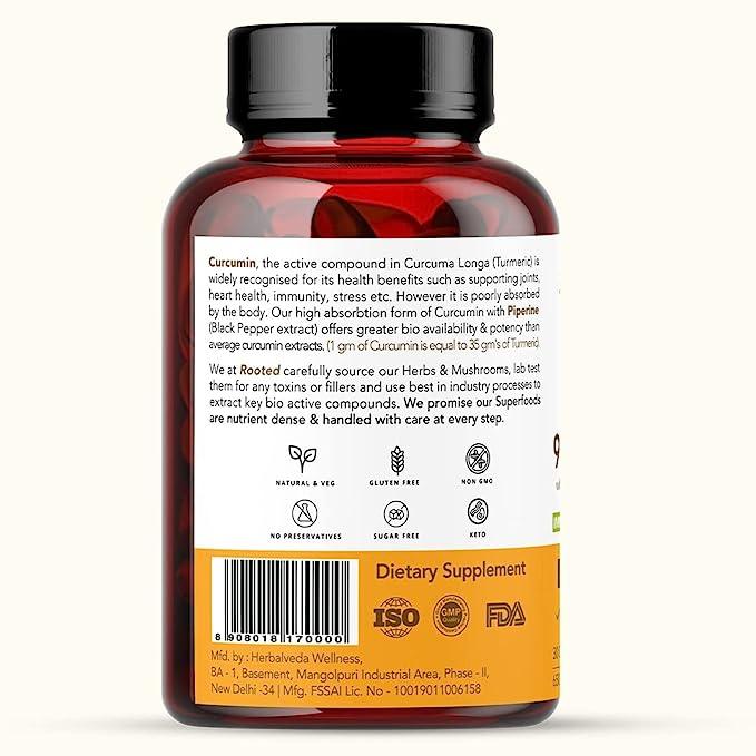 Rooted Curcumin (95%) with Black pepper Extract (for better absorption),1300mg, for Immunity, Joints Cardio Health| 60 VEG Capsules, 650 Mg eachTurmeric Curcumin with Black pepper extractTurmeric Curcumin with Black pepper extract (1300 mg) | CBD Store India