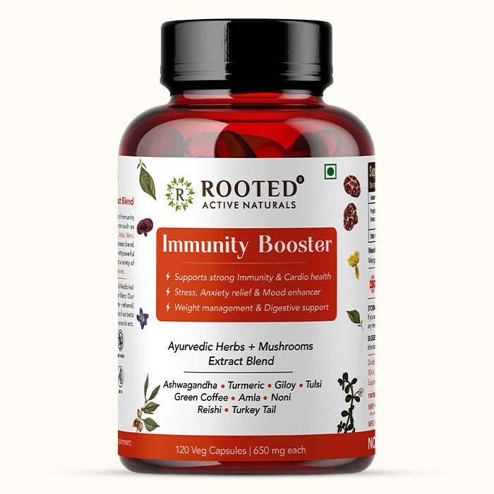 Rooted Immunity Booster Blend for Immune support, Cardio & Digestive health | 120 Veg Caps of 650 mg each | Super Herbs Extract Powder - CBD Store India