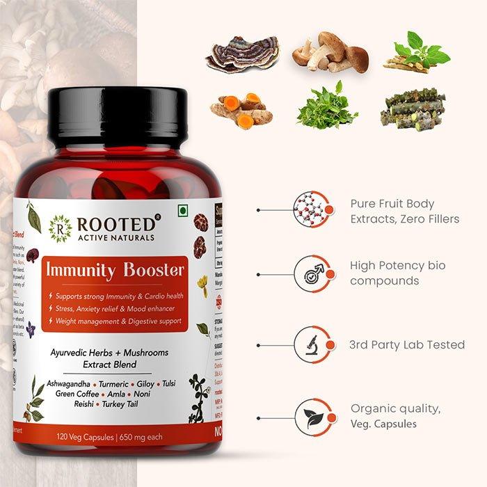 Rooted Actives Immunity Booster Blend for Immune support, Cardio & Digestive health | 120 Veg Caps of 650 mg each | Super Herbs Extract PowderImmunity booster capsuleRooted Immunity Booster Blend | Mushrooms & Ayurvedic Herbs Blend