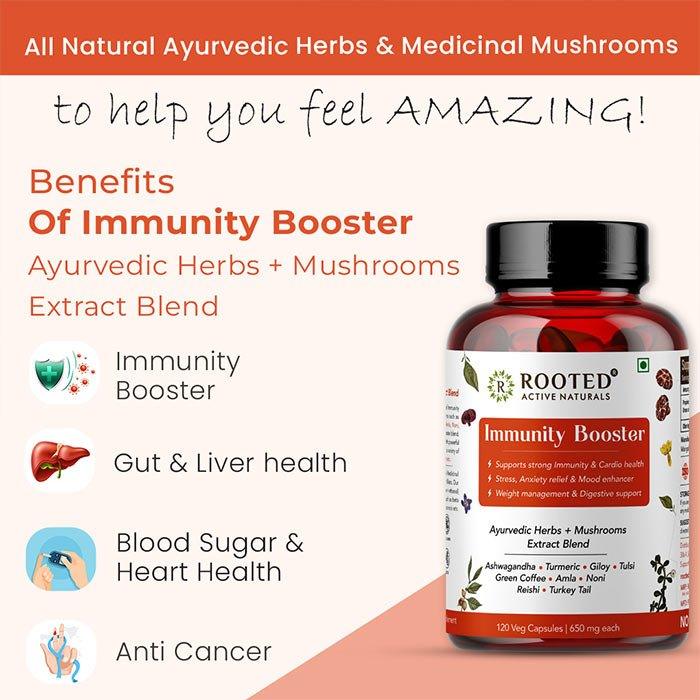 Rooted Actives Immunity Booster Blend for Immune support, Cardio & Digestive health | 120 Veg Caps of 650 mg each | Super Herbs Extract PowderImmunity booster capsuleRooted Immunity Booster Blend | Mushrooms & Ayurvedic Herbs Blend