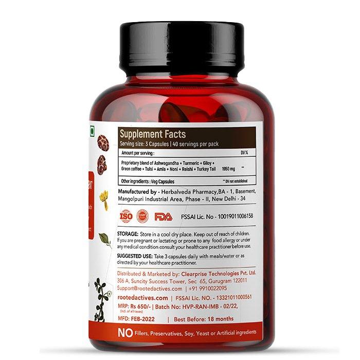Rooted Actives Immunity Booster Blend for Immune support, Cardio & Digestive health | 120 Veg Caps of 650 mg each | Super Herbs Extract PowderImmunity booster capsuleRooted Immunity Booster Blend | Mushrooms & Ayurvedic Herbs Blend