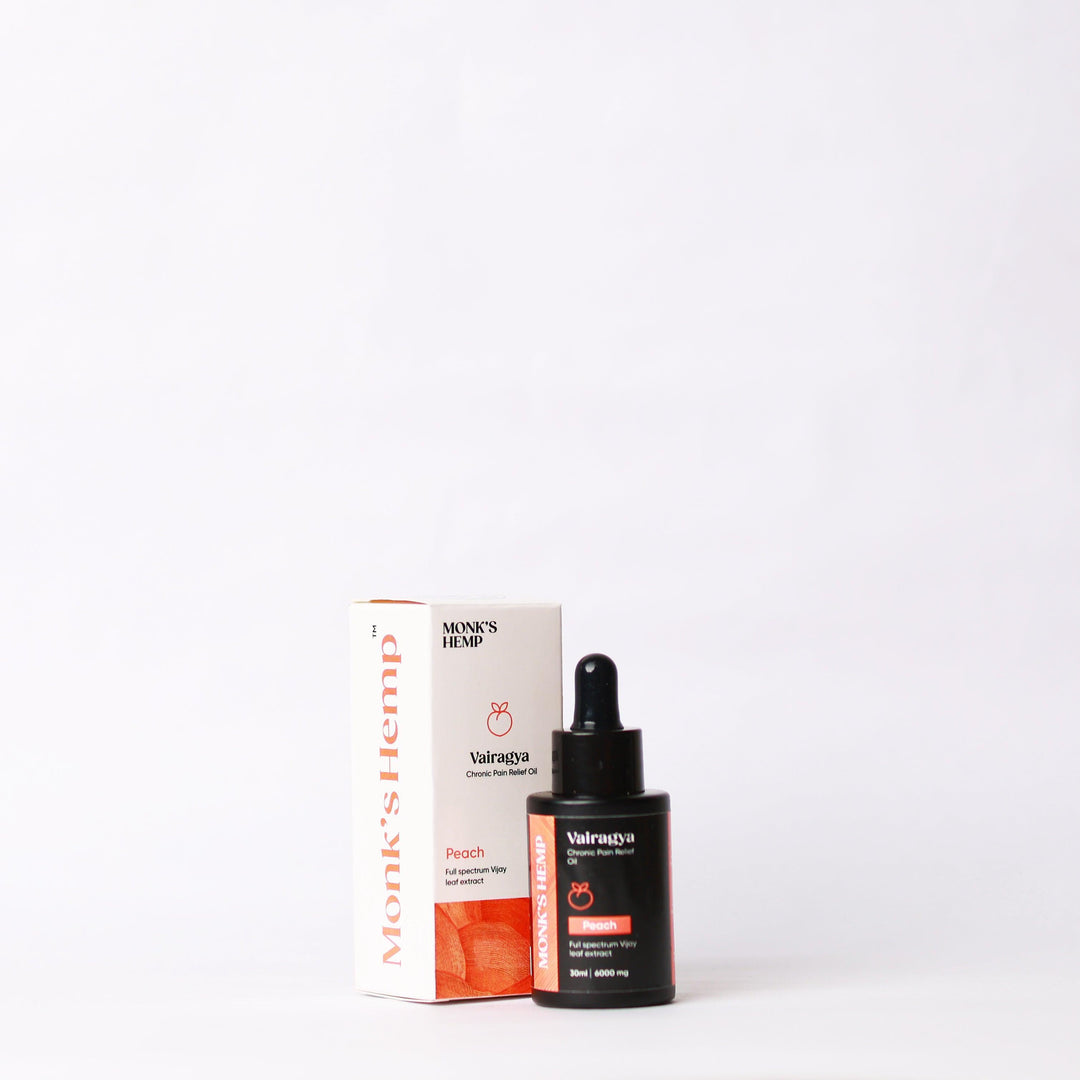 Monk's Hemp Vairagya - The Ultimate Relief CBD Oil (1:1) - PeachCBD + THC OilMonk's Hemp Vairagya CBD Oil - Pain Relief | Peach Flavor
