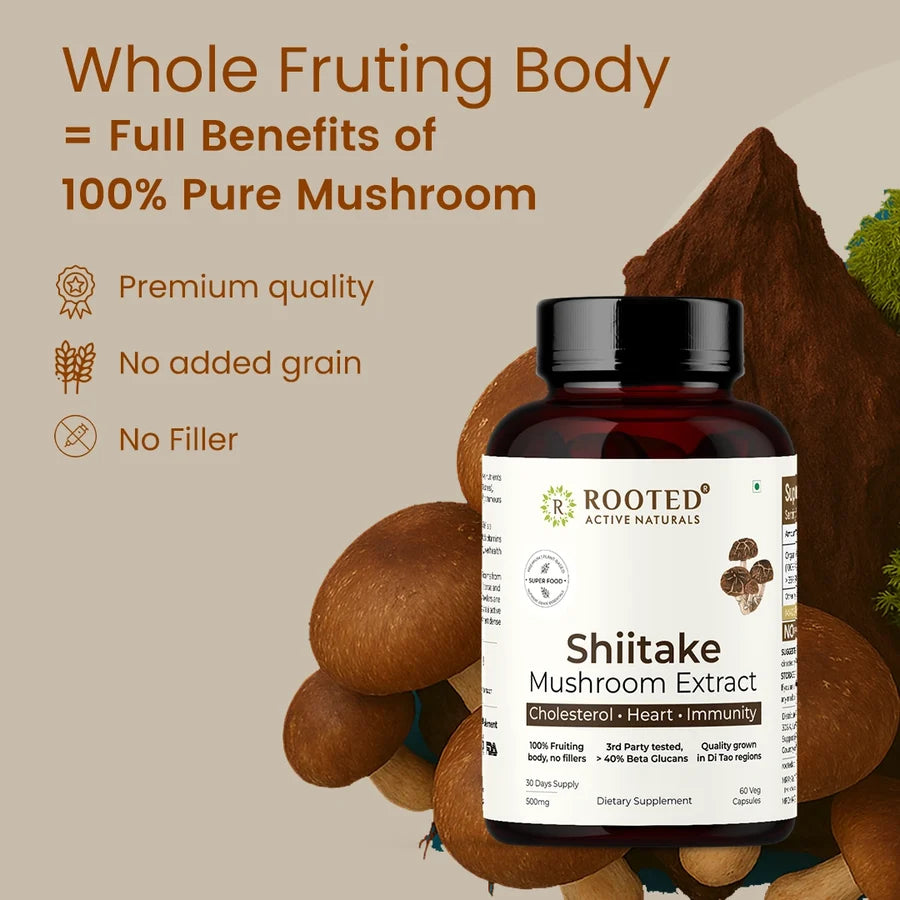 Rooted Actives Shiitake Mushroom Extract Capsules - Pure Fruit-Body Extract, Gluten-Free & Vegan
