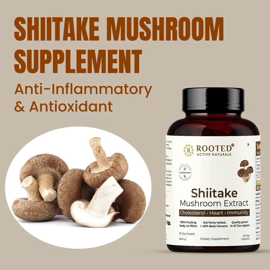 Rooted Actives Shiitake Mushroom Extract Capsules - Pure Fruit-Body Extract, Gluten-Free & Vegan