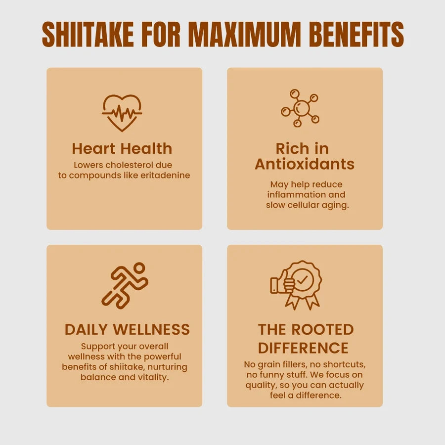 Rooted Actives Shiitake Mushroom Extract Capsules - Pure Fruit-Body Extract, Gluten-Free & Vegan