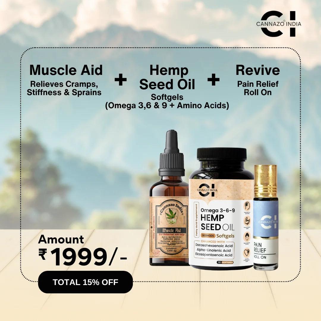 Cannazo- Athlete Kit: Muscle Aid, Revive, Hemp Seed Softgels.