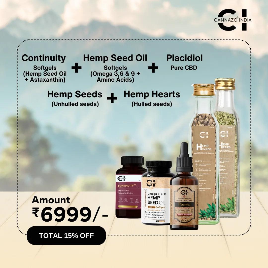Cannazo- Anti Aging Kit 15% Off – Continuity Placidiol, Hemp Seed Softgels, Hemp Heart, Hemp SeedWellness BundlesCannazo Anti Aging Kit 15% Off | Oral Supplements