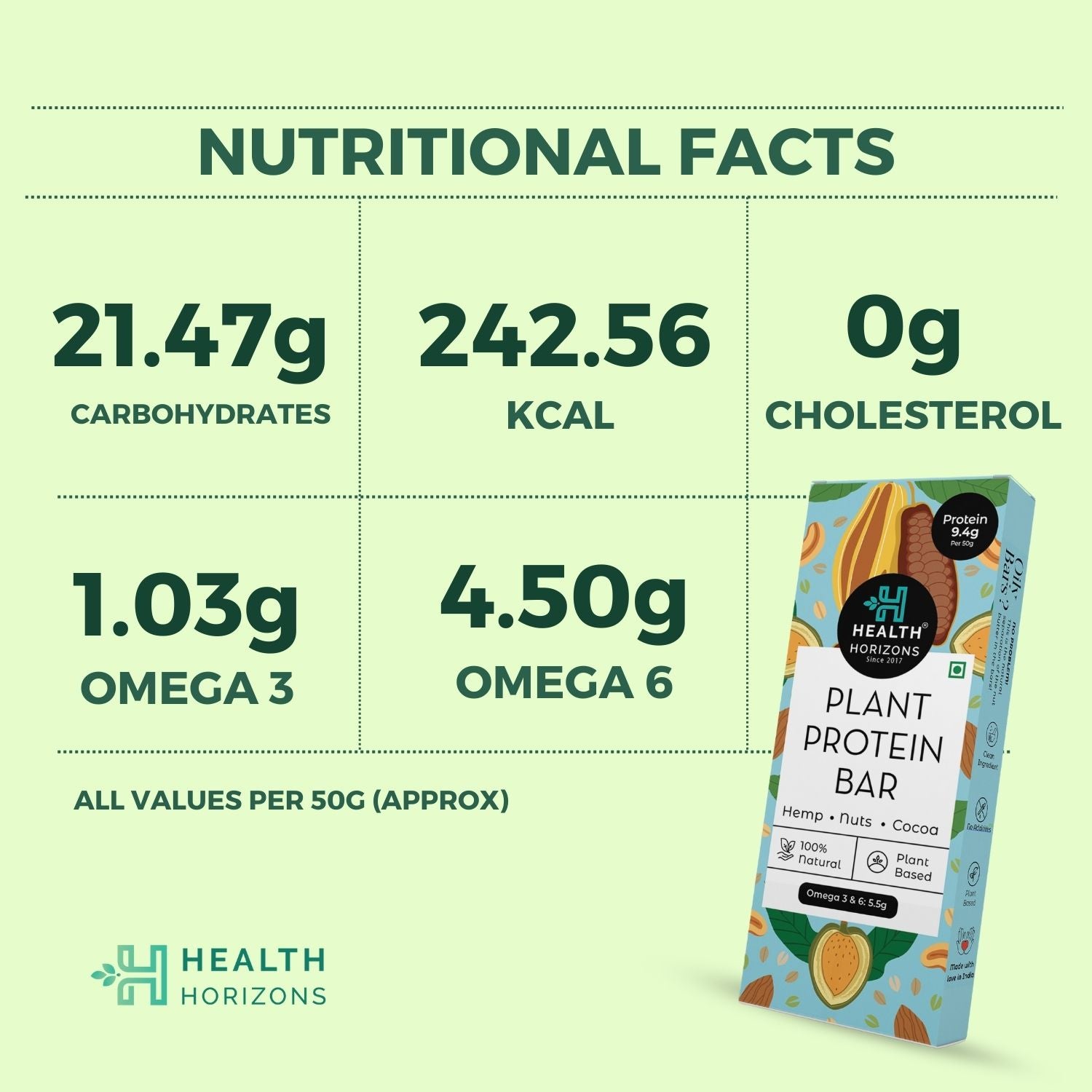 Health Horizons Protein Bar - Hemp Protein with Dates, Cashews, Almonds, Cacao Powder and Cacao Butter - CBD Store India