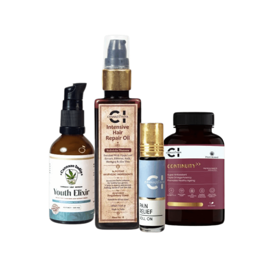 Cannazo CBD Starter Kit – Youth Elixir Cream, Intensive Hair Oil , Revive Pain Relief Rollon , Continuity -softgel (Hemp Seed Oil + Astaxanthin) - CBD Store India