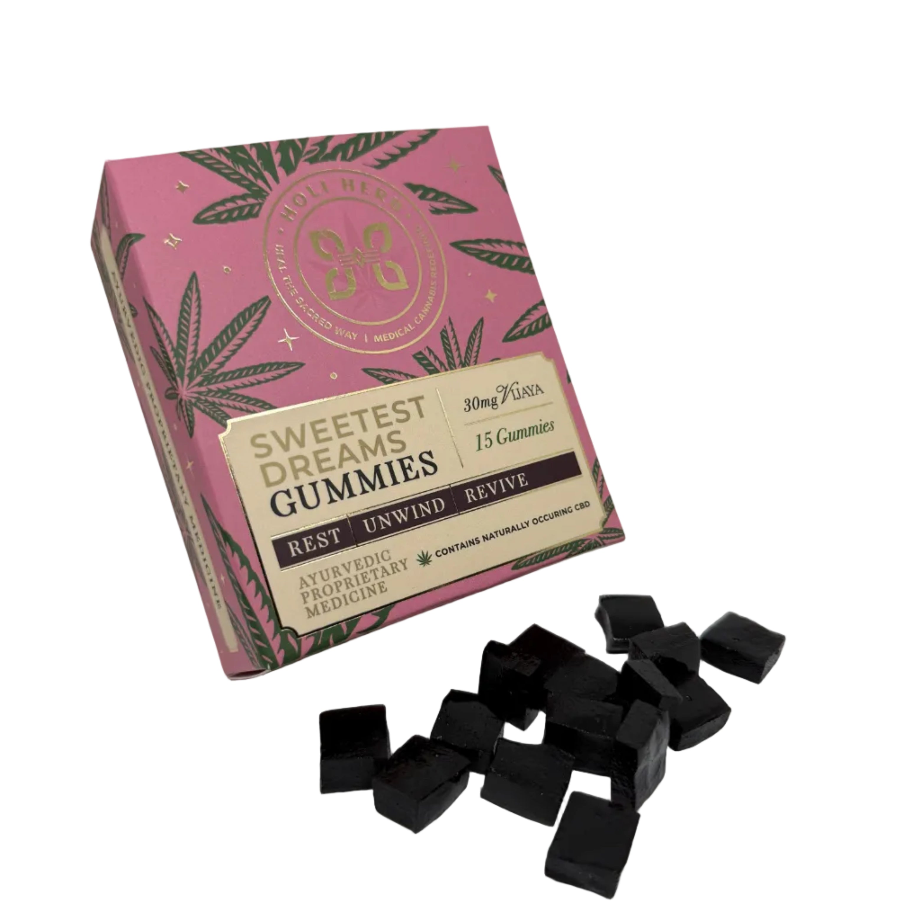 Pink packaging of Sweetest Dreams Gummies with black gummies on a white background