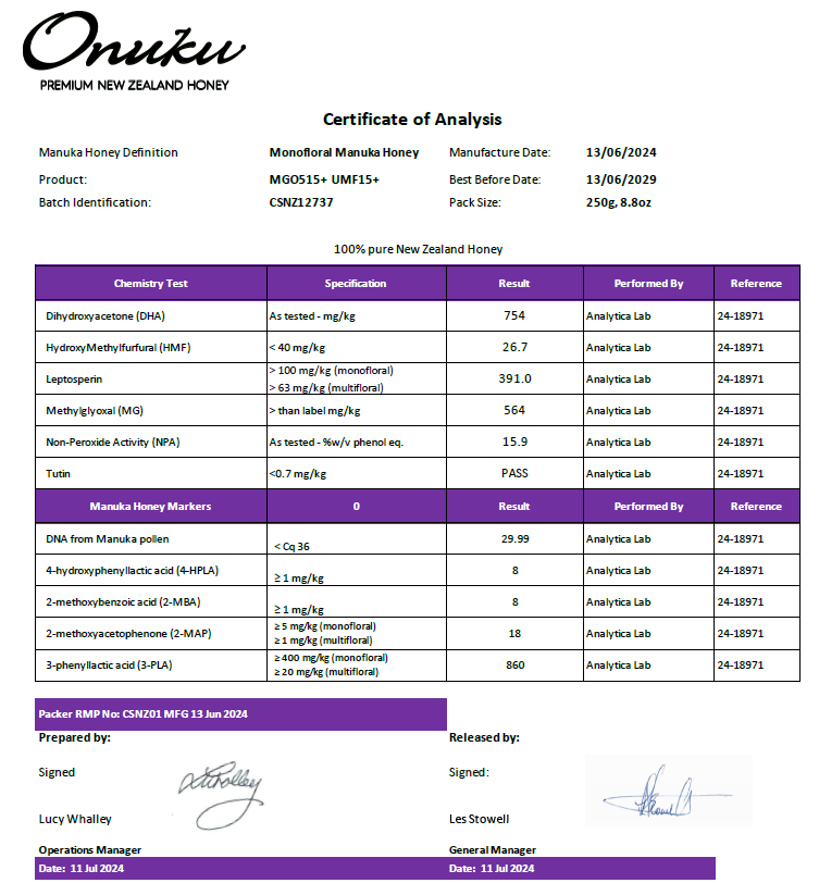 Onuku Manuka Honey UMF 15+ MGO 515+ | Raw New Zealand Honey 250g