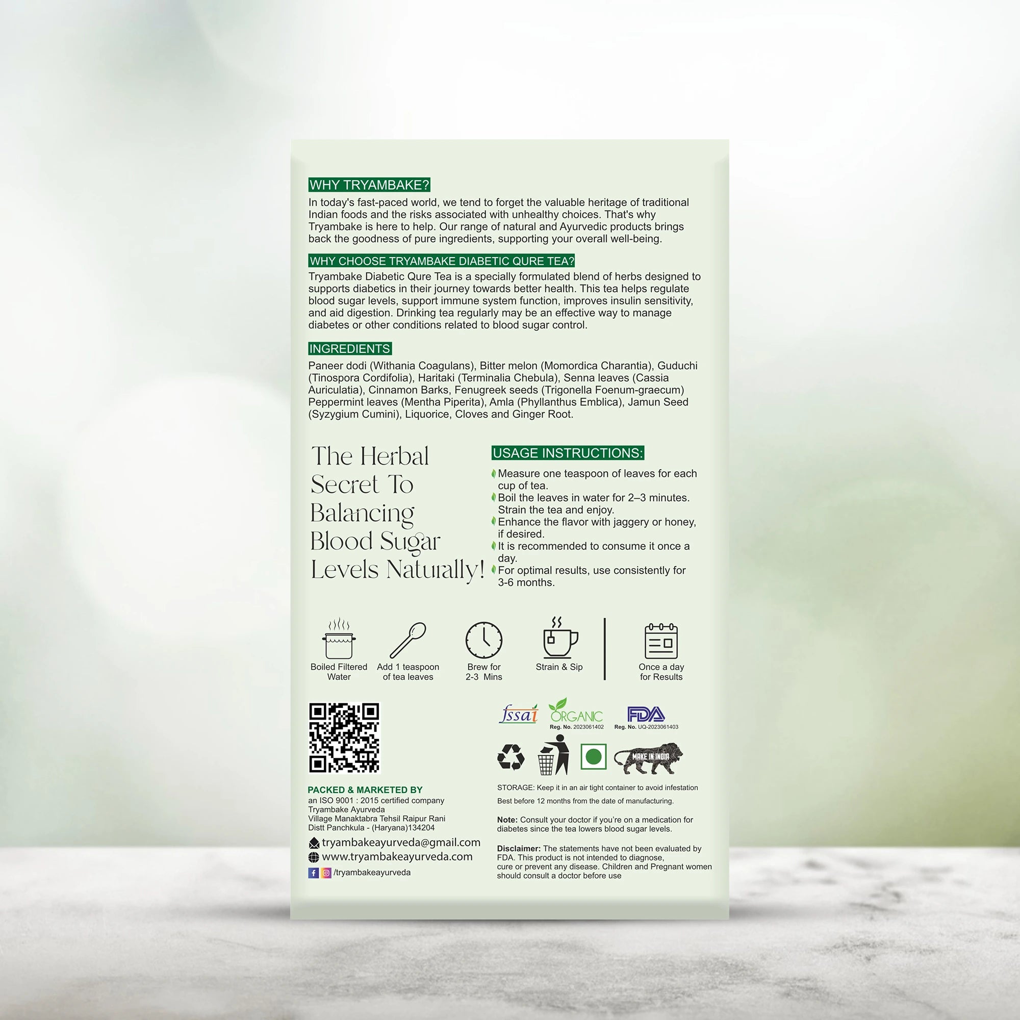 Tryambake Ayurveda Diabetic Qure Tea | Herbal Blend for Blood Sugar Support.