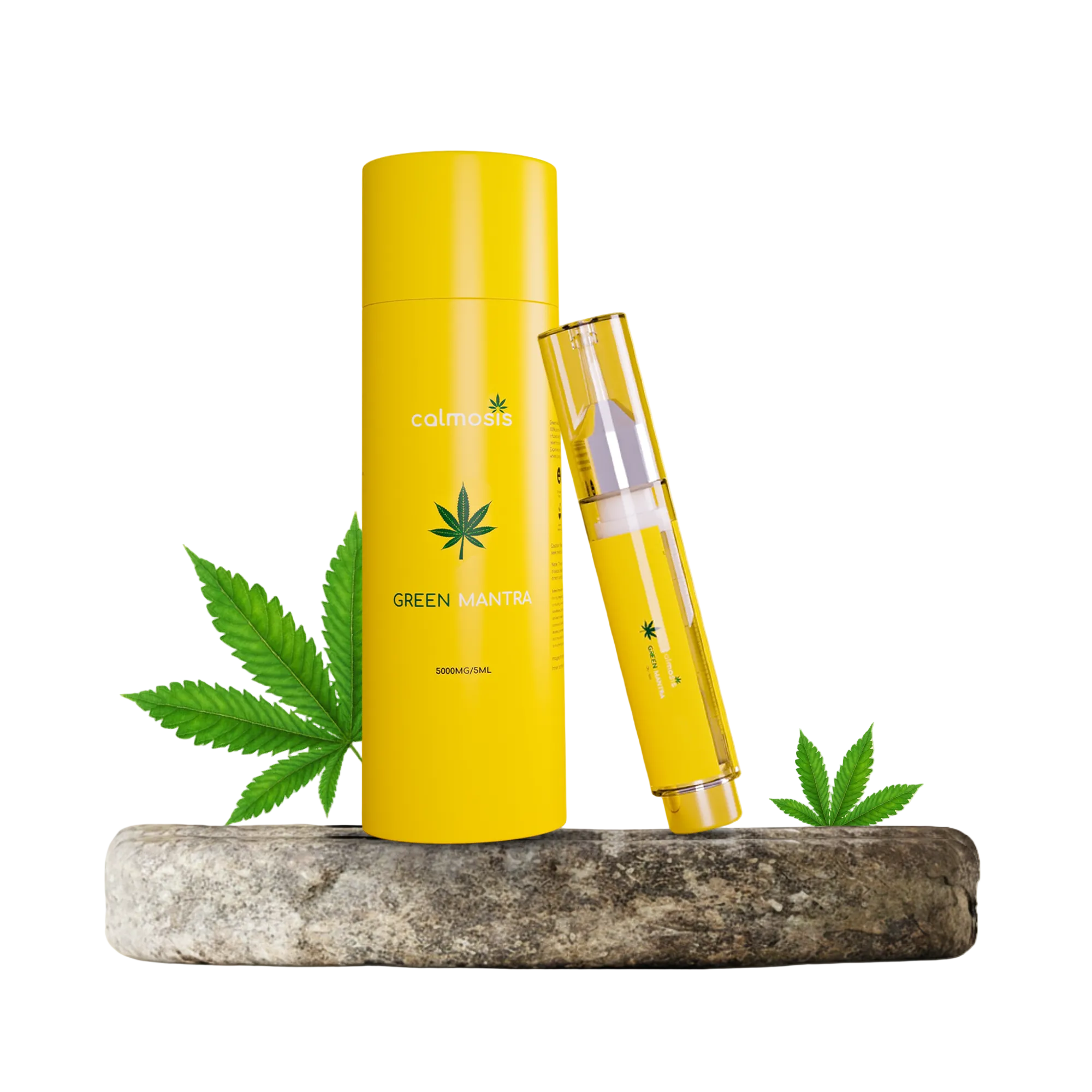 Yellow skincare product with cannabis leaf design on a light yellow background