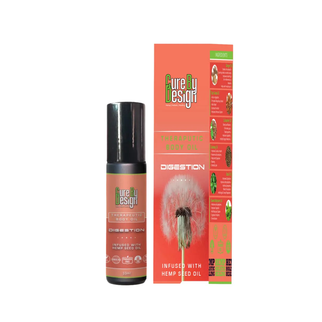 Cure By Design Therapeutic Healing Roll On – Digestion Support with Hemp Seed & Essential Oils (10ml).