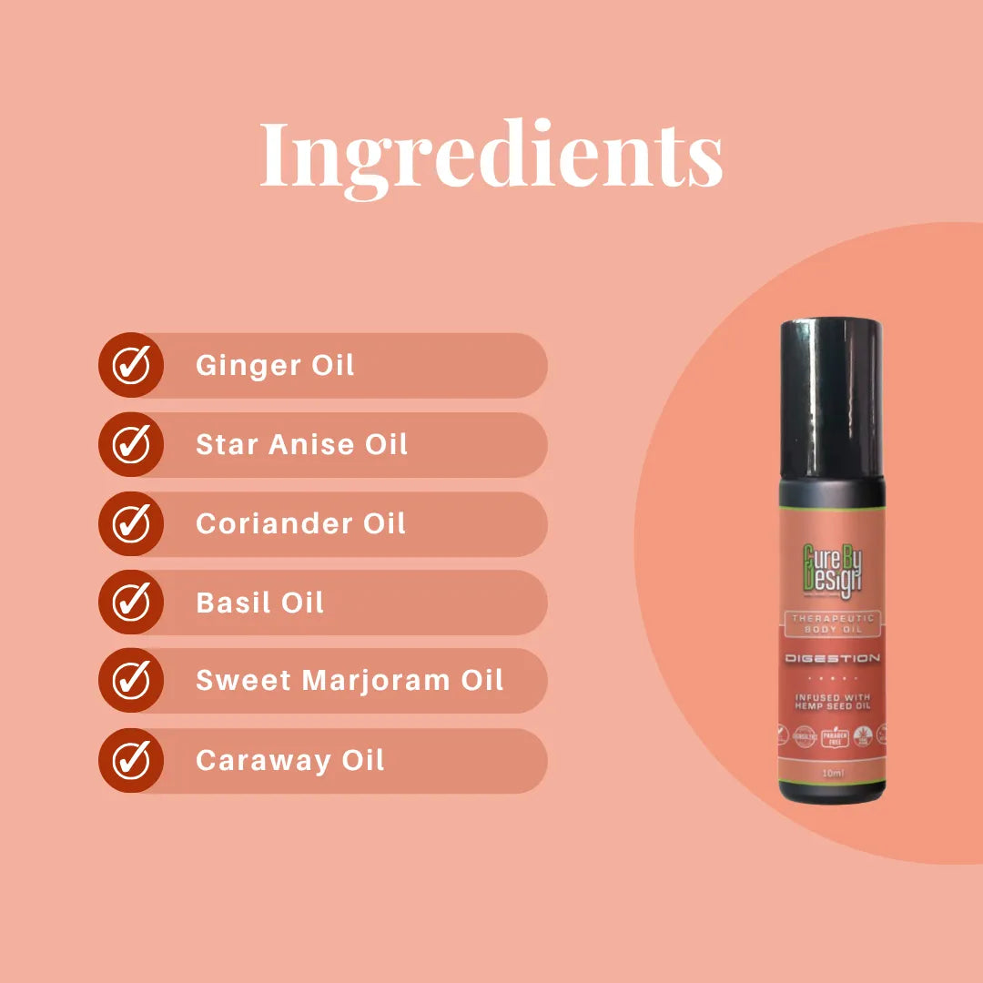 Cure By Design Therapeutic Healing Roll On – Digestion Support with Hemp Seed & Essential Oils (10ml).