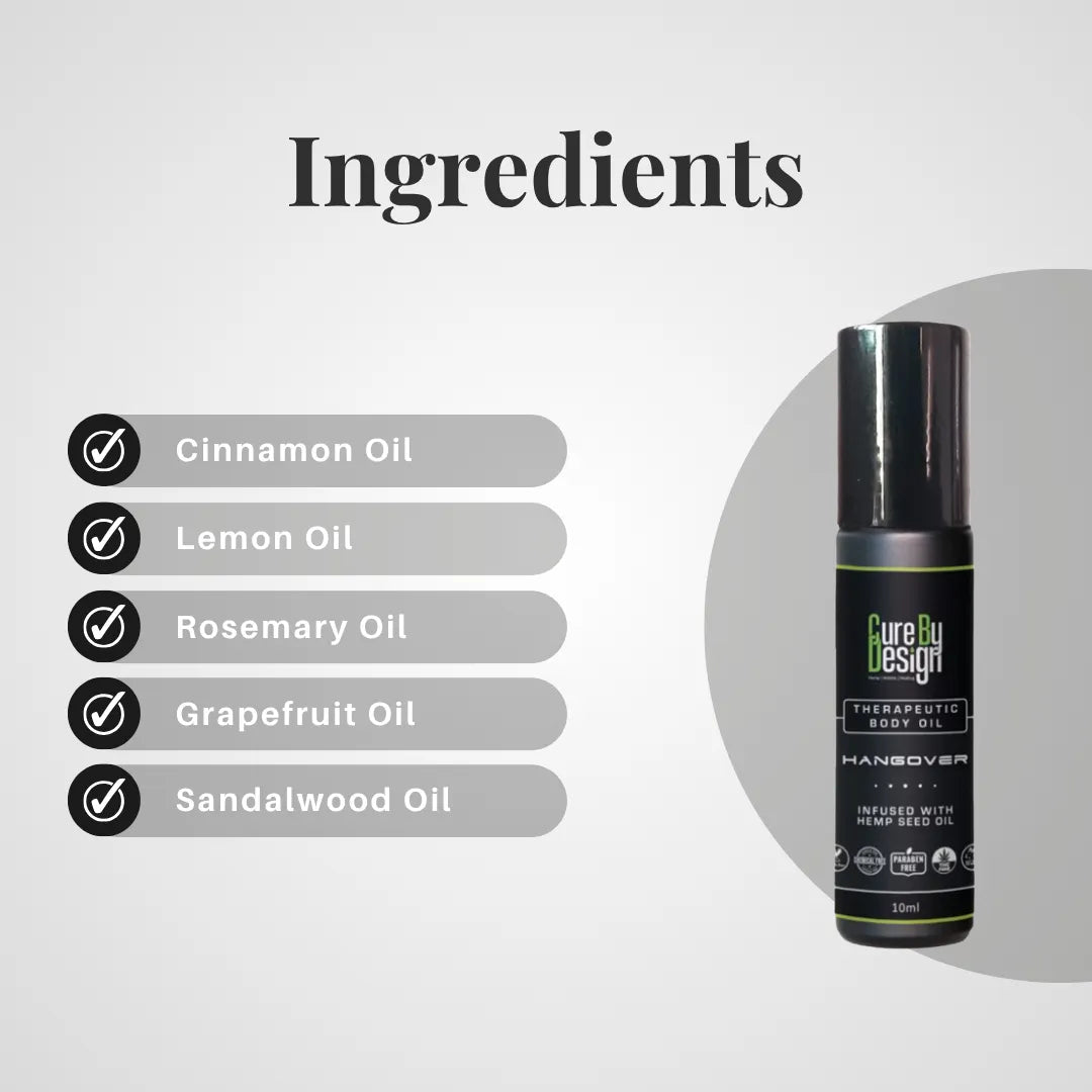 Cure By Design Therapeutic Healing Roll On – Hangover Relief with Hemp Seed & Essential Oils (10ml).