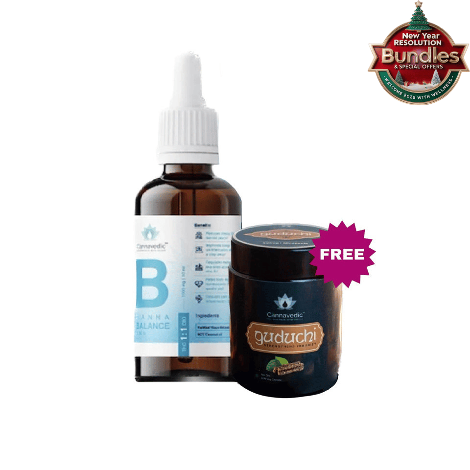 Special Offer - Free Cannavedic Guduchi Capsules Immunity booster with CannnaBalance THC+CBD Oil (1:1|THC:CBD)1000mg,10ml