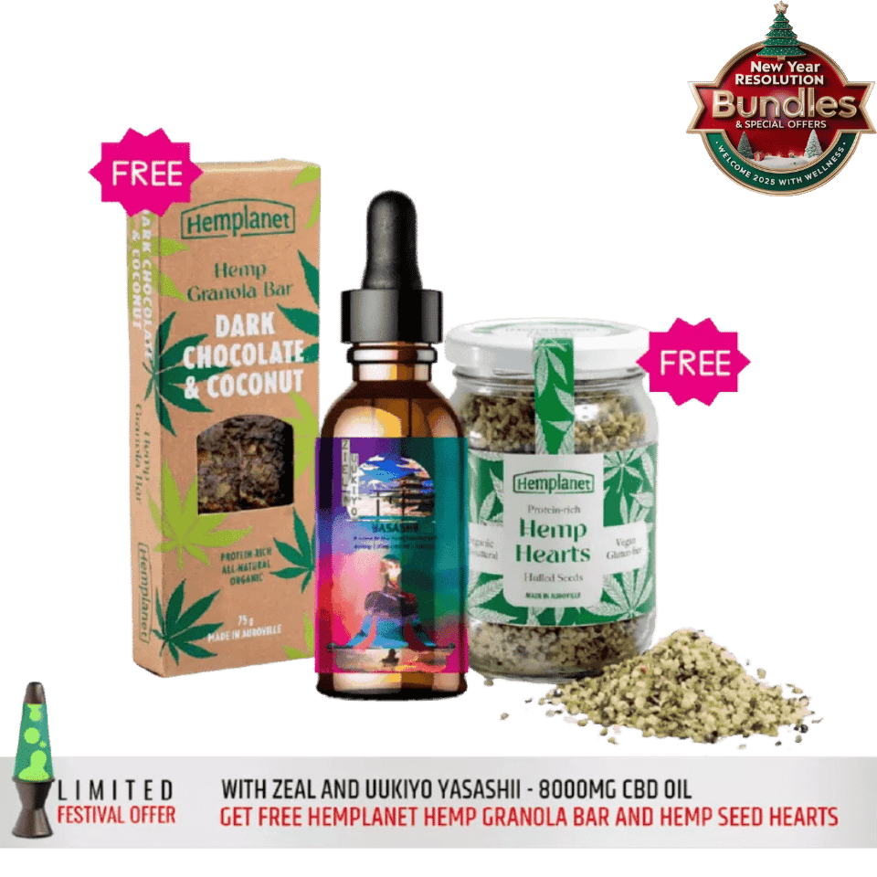 Free Hemplanet Hemp Granola Bar and Hemp Seed Hearts with Ziel&Uukiyo YASASHII - 8000mg CBD Oil.