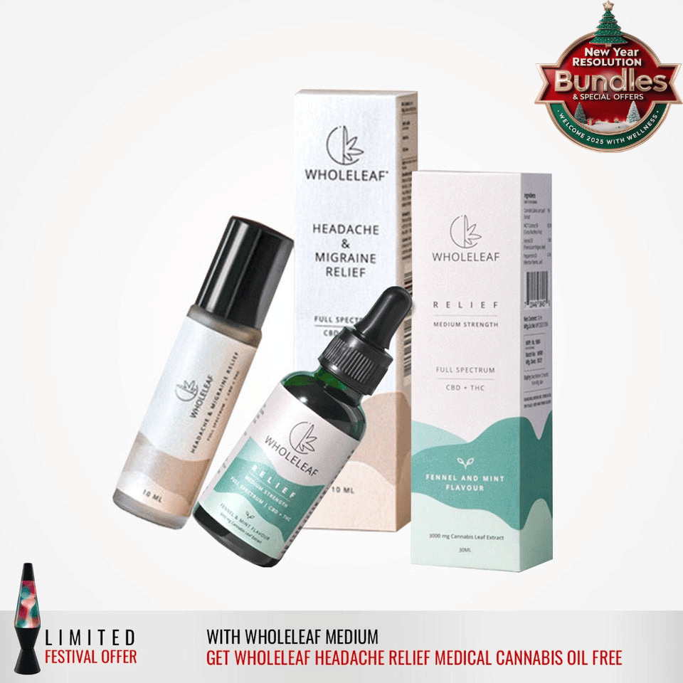 Free Wholeleaf Headache & Migraine Relief Oil with Wholeleaf Relief Medium Strength CBD + THC Oil Cannabis extractmedicineWholeleaf Bundle for Healing | CBD Store India