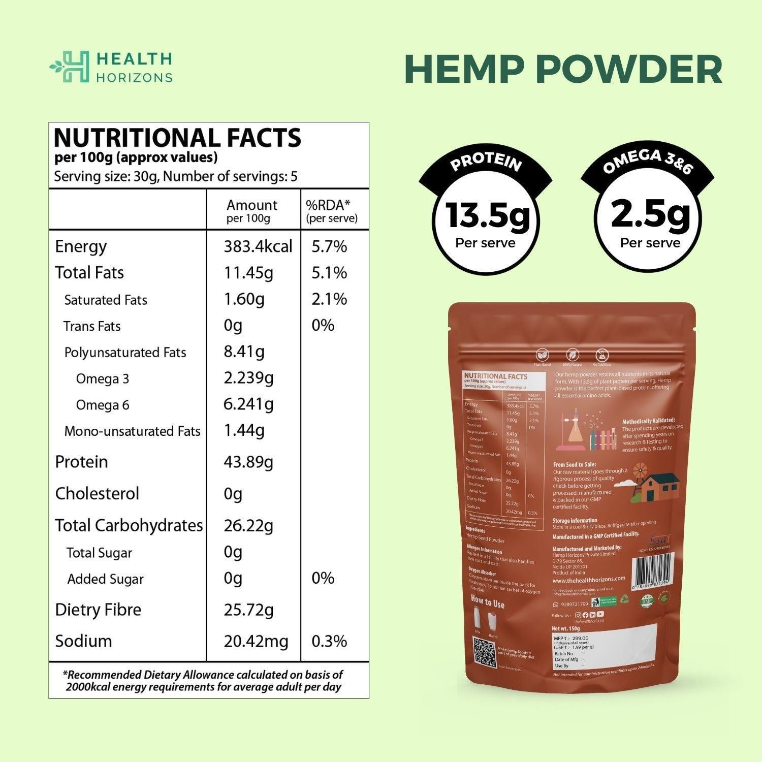 Health Horizons Hemp Protein Powder - Earthy Flavour.