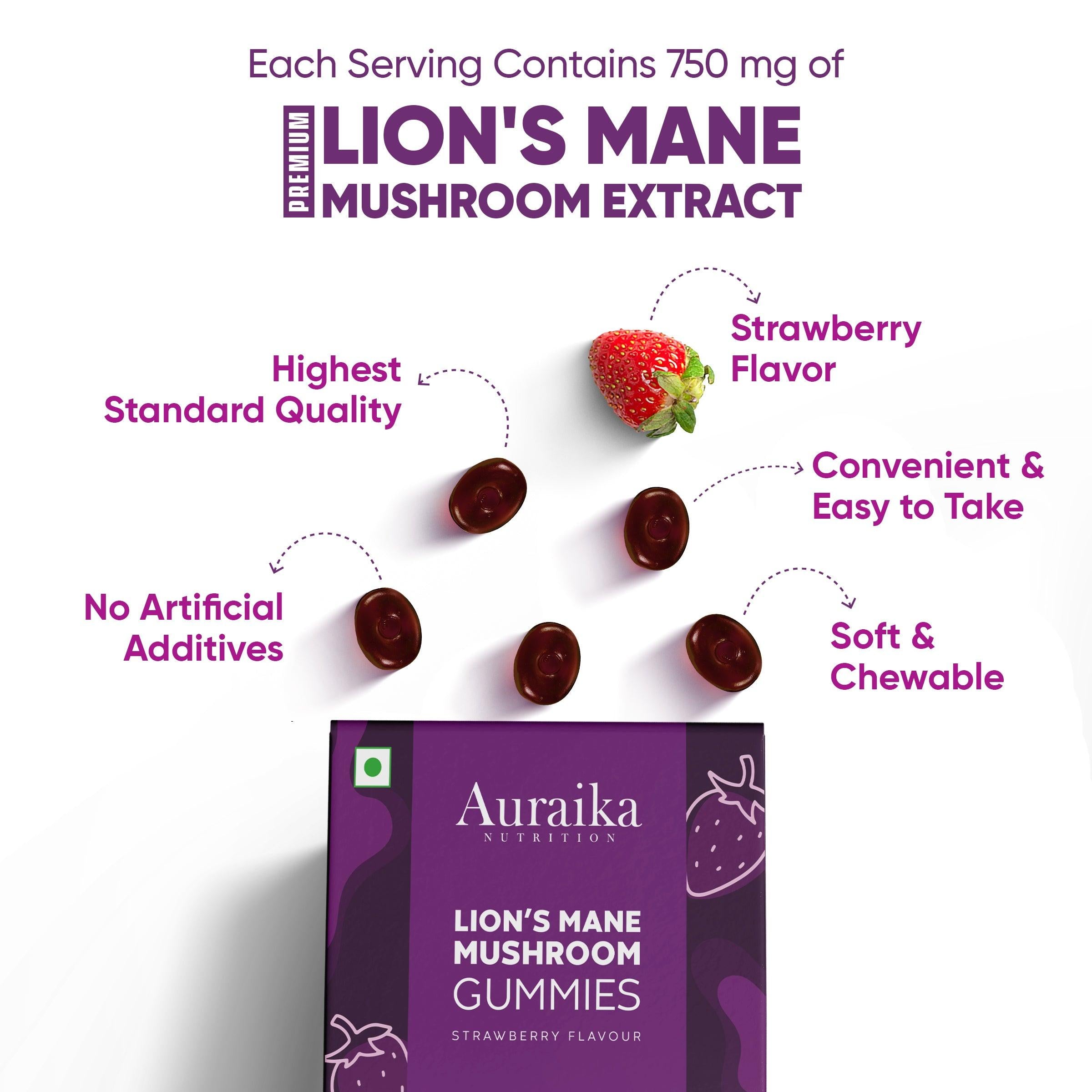 Auraika Nutrition Lion’s Mane Mushroom Gummies |  Supports Cognitive Function, Memory & Clarity.