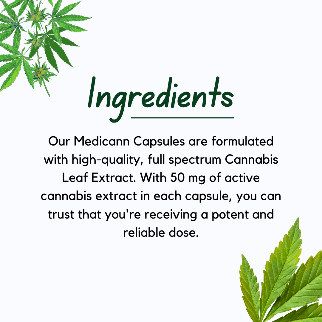 Medicann- Cannabis Leaf Extract Capsule - 50mgCapsulesMedicann Cannabis Capsules - Cannabis Leaf Extract