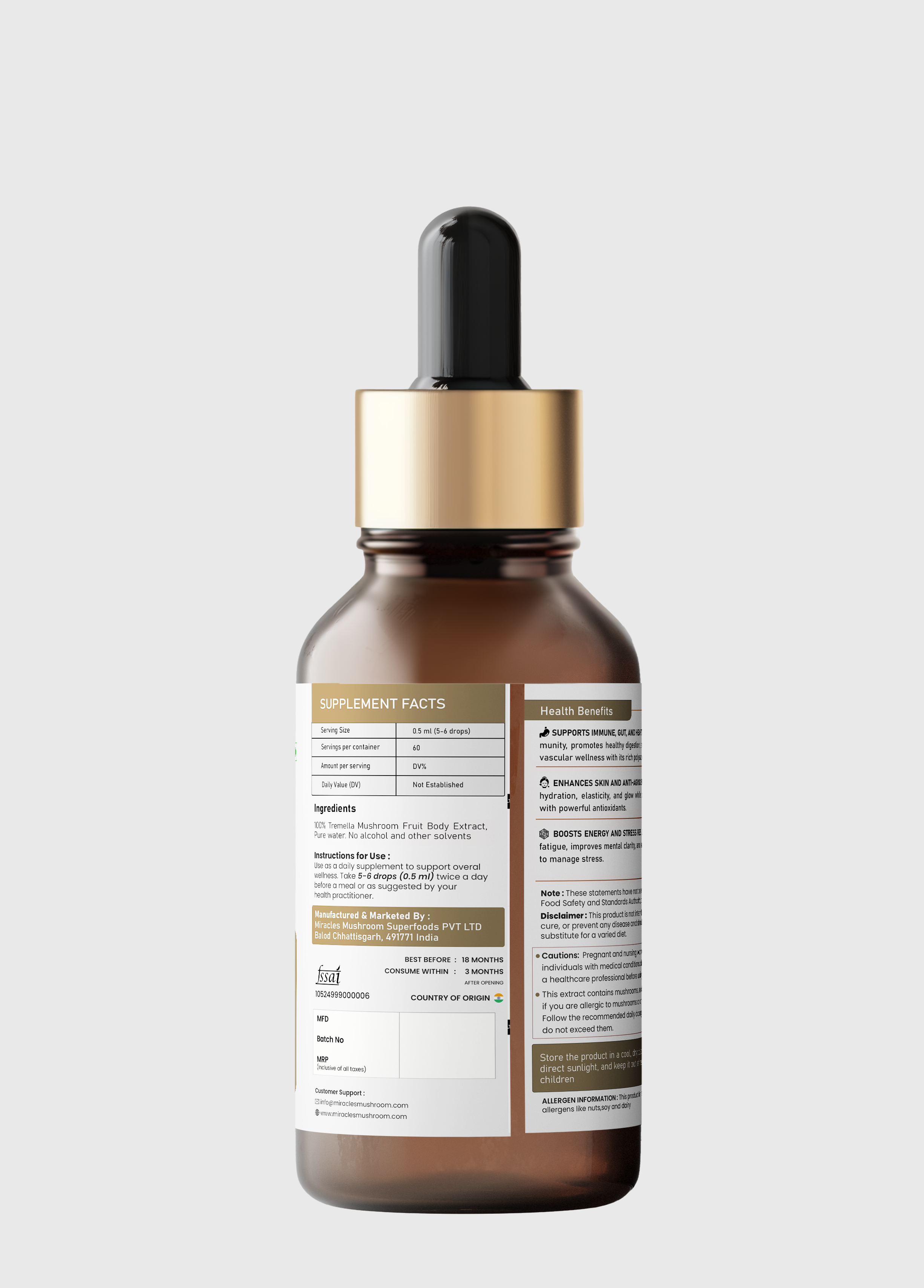 Miracles Mushroom - Tremella Mushroom Liquid Extract -  30ml.