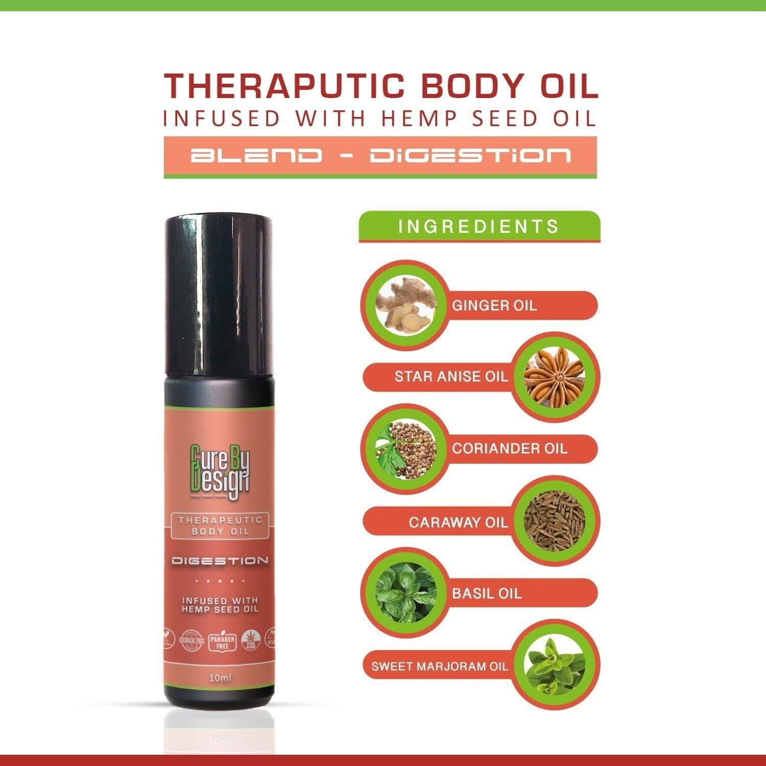 Cure By Design Therapeutic Healing Roll On – Digestion Support with Hemp Seed & Essential Oils (10ml).