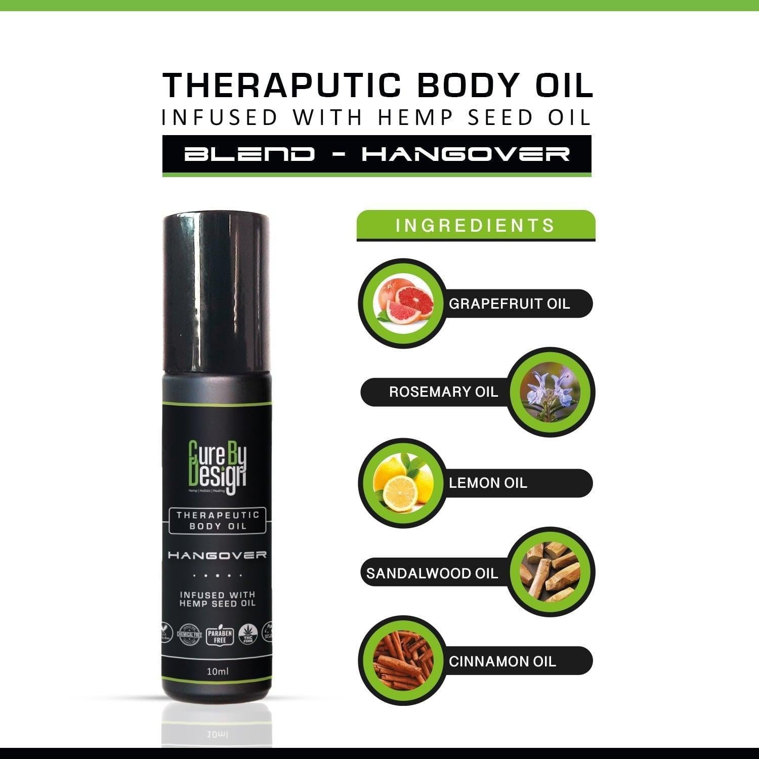 Cure By Design Therapeutic Healing Roll On – Hangover Relief with Hemp Seed & Essential Oils (10ml).