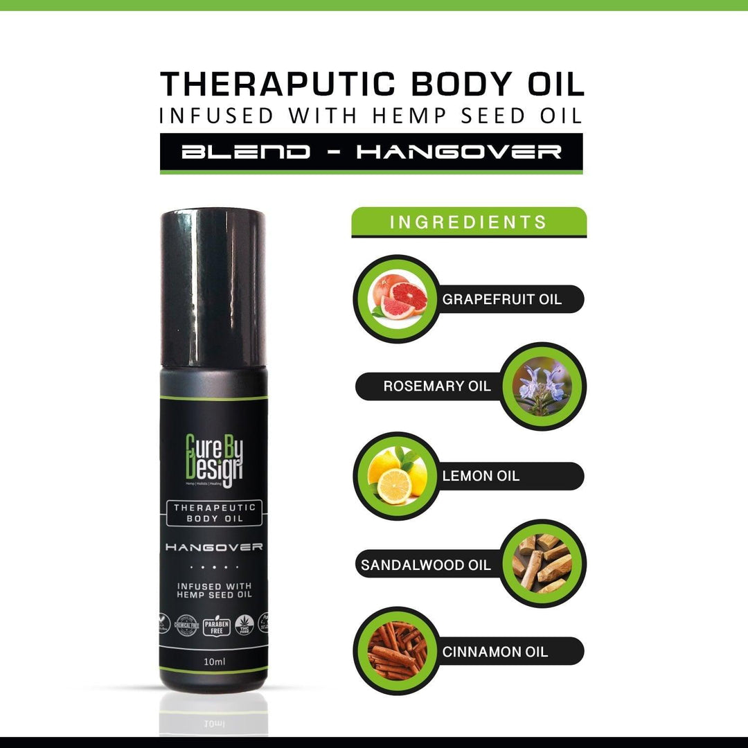 Cure By Design- Hangovertherapeutic body oilHangover Cure Therapy Oil - Grapefruit, Hemp | Ease Fatigue
