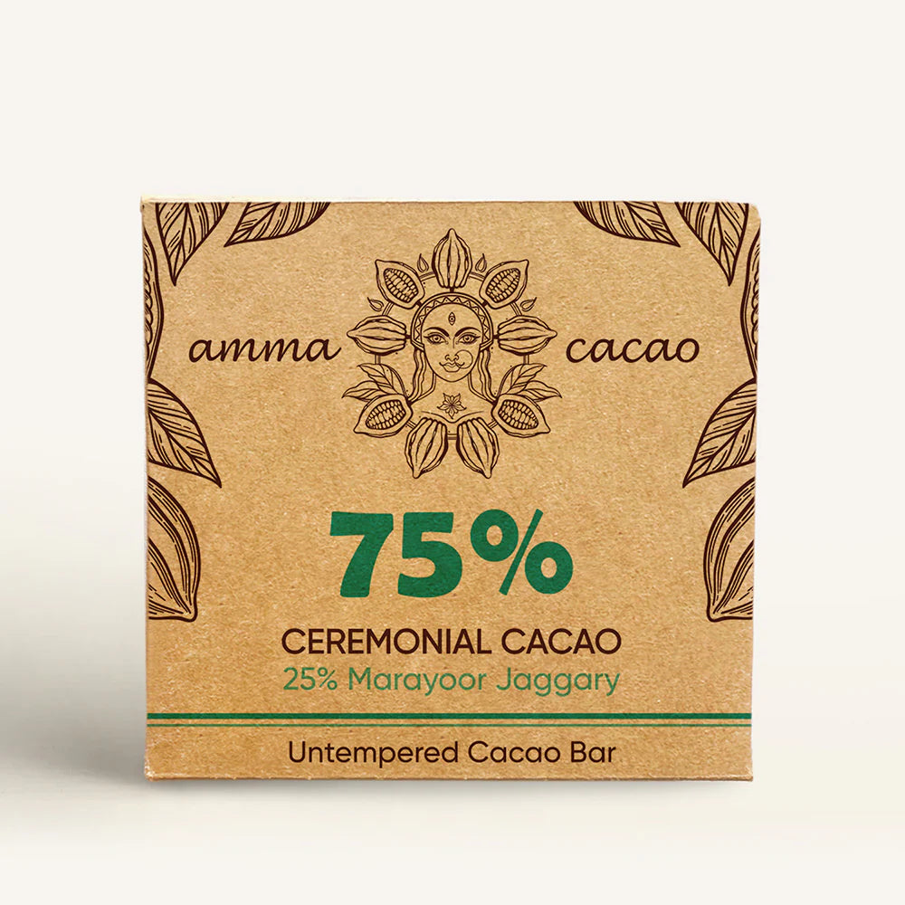 Amma Cacao 75% Ceremonial Cacao with 25% Marayoor Jaggery Untempered Cacao Bar (Pack of 10)