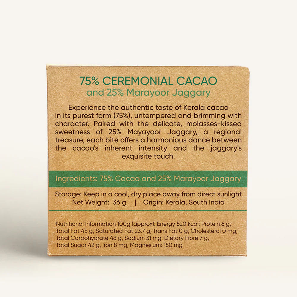 Amma Cacao 75% Ceremonial Cacao with 25% Marayoor Jaggery Untempered Cacao Bar (Pack of 10)