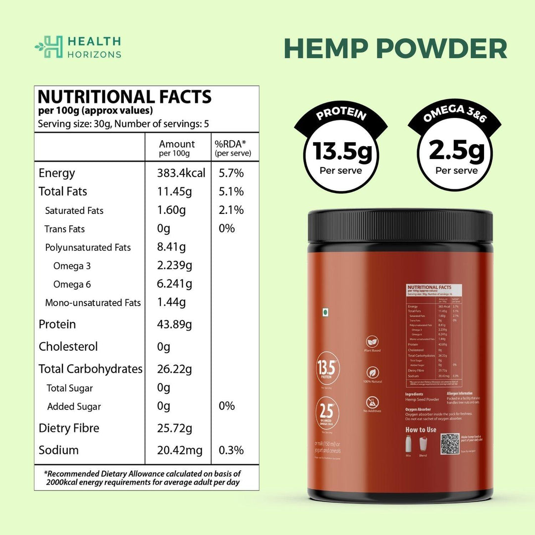 Health Horizons Hemp Protein Powder - Earthy FlavourHemp Protein PowderHealth Horizons Hemp Protein Powder | Plant Protein with Omega 3 and 6