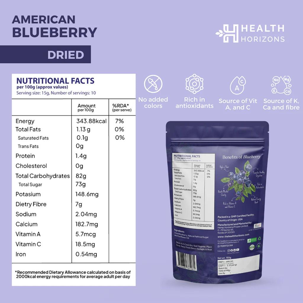 Health Horizons- American Blueberry Dried 150gBlueberry DriedHealth Horizons Blueberry 150g - American Dried Blueberry | Nutrient-Rich Snack, Antioxidants