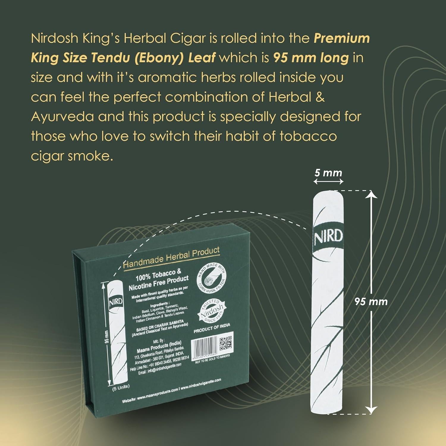 Nirdosh King’s Herbal Smoke – Tobacco & Nicotine Free | Ayurvedic Cigar Alternative | 95mm | 5 Pack.