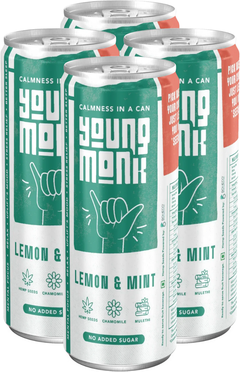 Young Monk CALMNESS Drink – Hemp & Herbal Sparkling Beverage - Lemon & Mint - Zero Sugar.