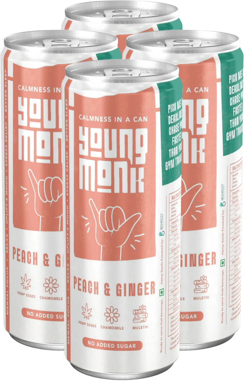 Young Monk Sparkling Hemp Drink – Peach & Ginger | Hemp, Monk Fruit & Ayurvedic Herb Infusion.