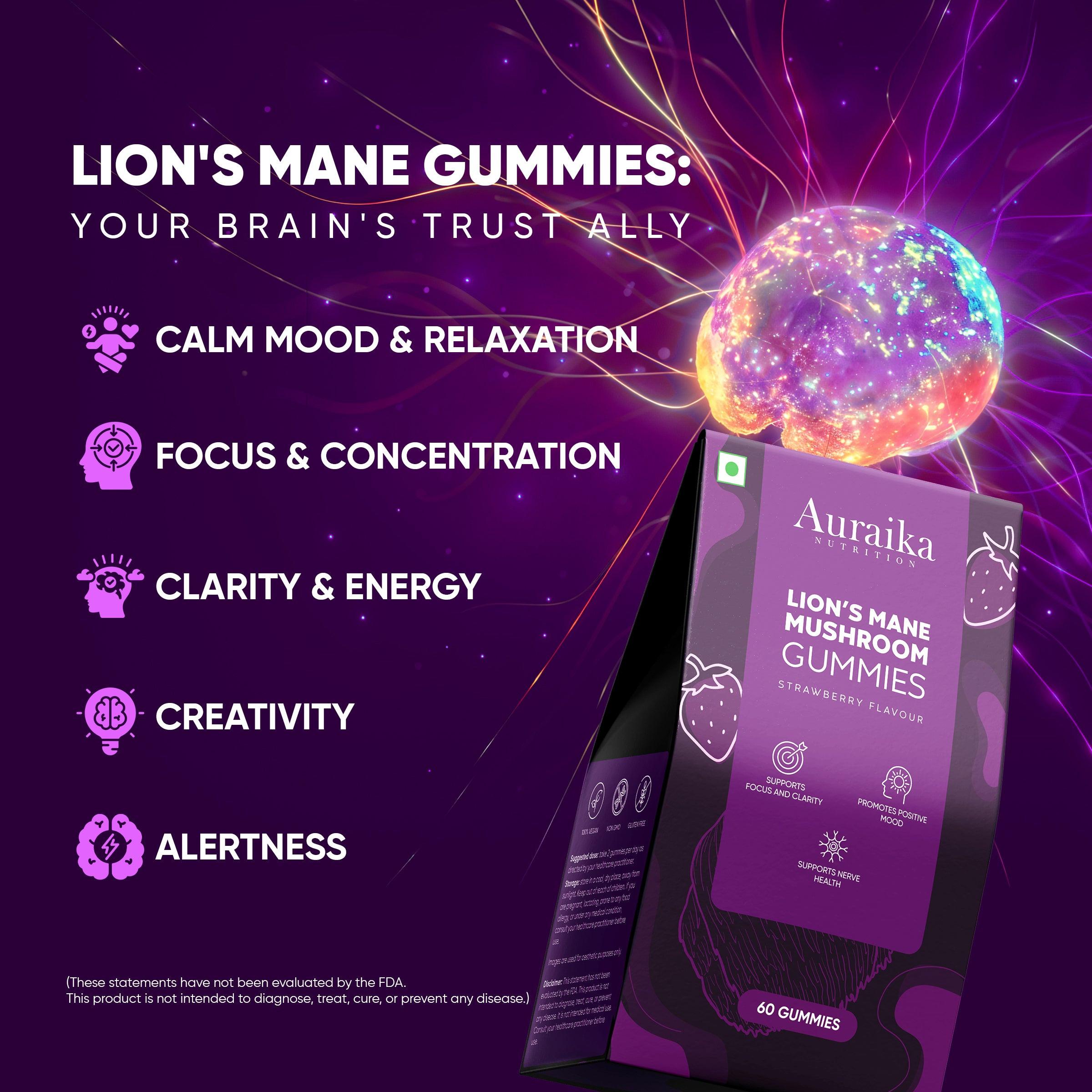 Auraika Nutrition Lion’s Mane Mushroom Gummies |  Supports Cognitive Function, Memory & Clarity.
