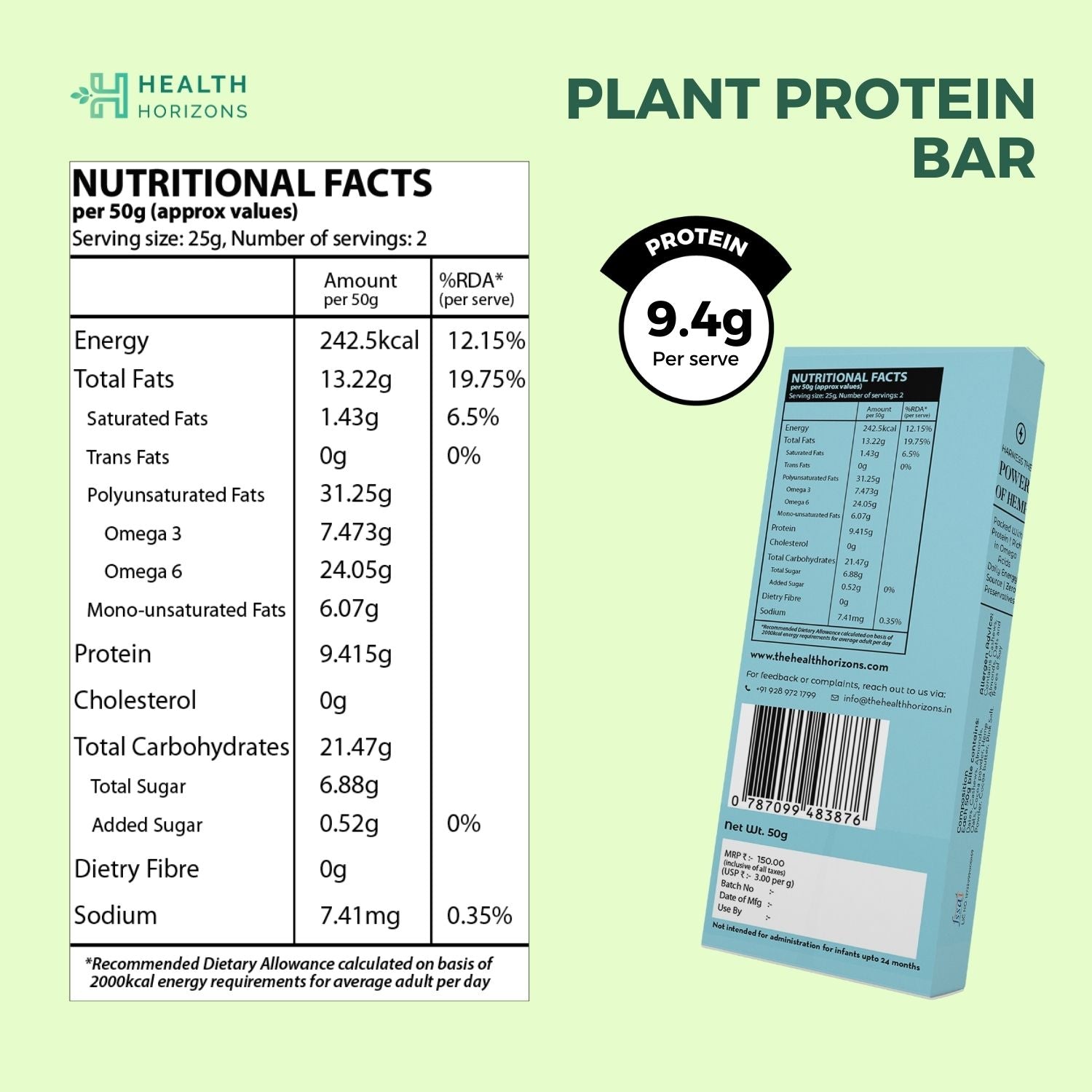 Health Horizons Protein Bar - Hemp Protein with Dates, Cashews, Almonds, Cacao Powder and Cacao Butter - CBD Store India