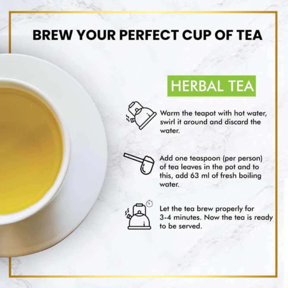 Instructions for brewing herbal tea with a cup of tea on a white background