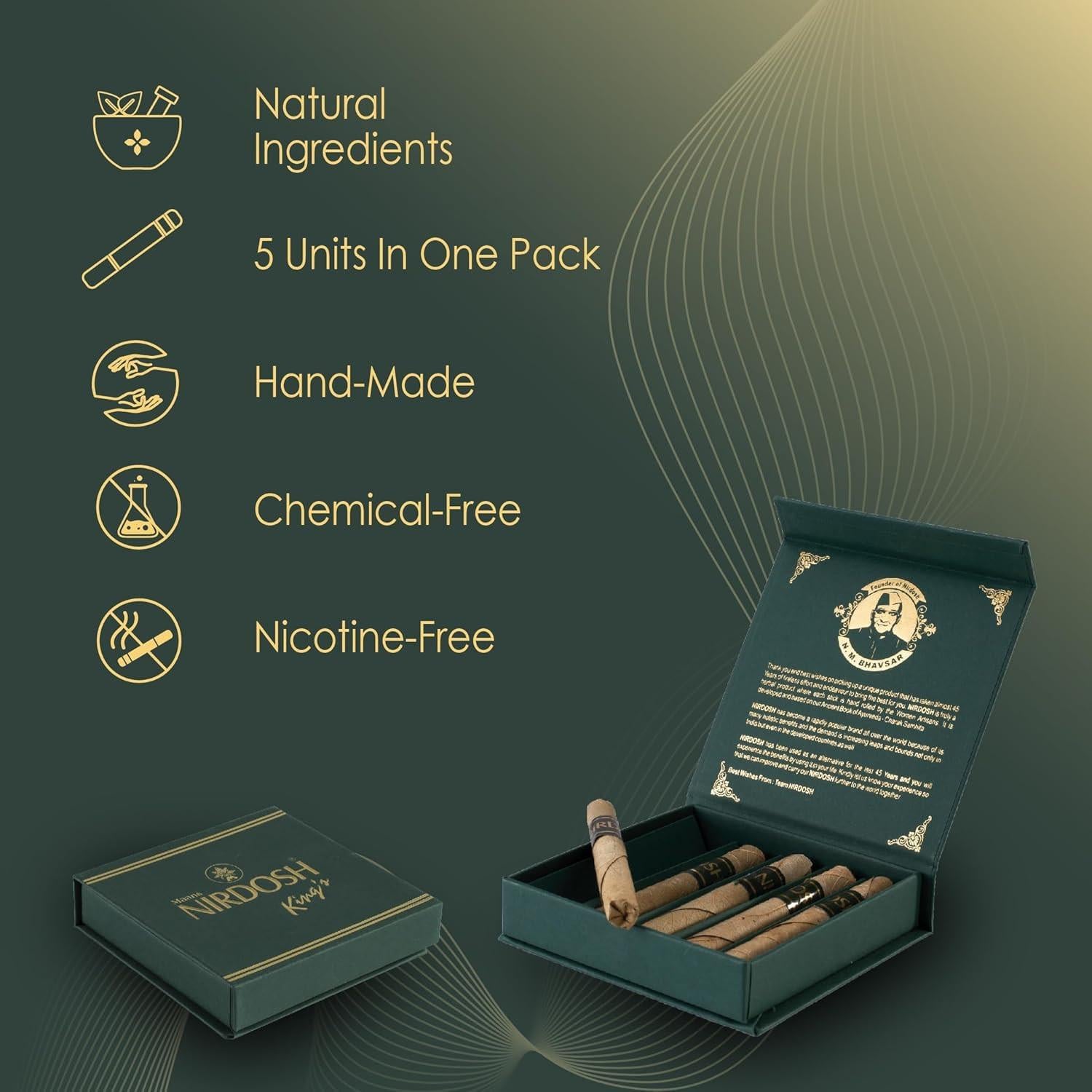 Nirdosh King’s Herbal Smoke – Tobacco & Nicotine Free | Ayurvedic Cigar Alternative | 95mm | 5 Pack.