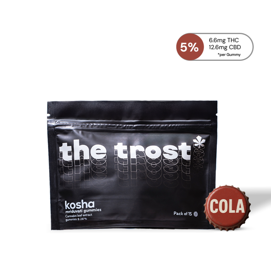 Black packaging of 'the trost' with a cola flavor label on a white background