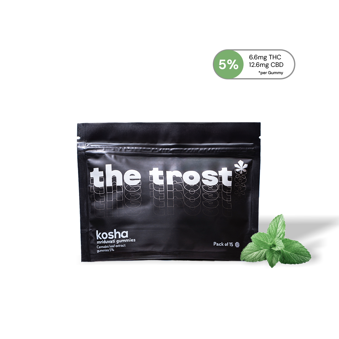 Black packaging of 'the trost' with a green leaf on a white background